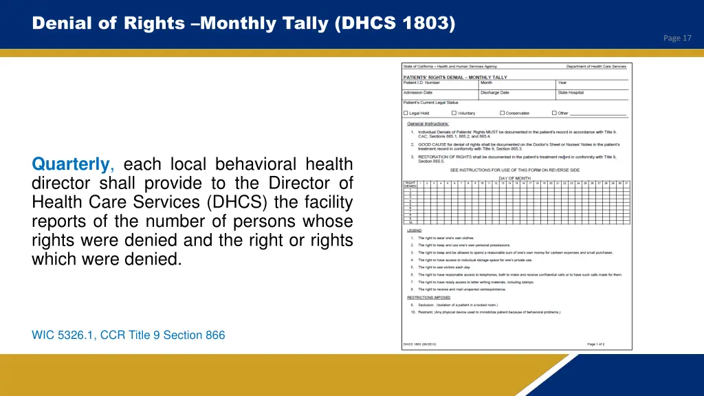 denial of rights monthly tally dhcs 1803