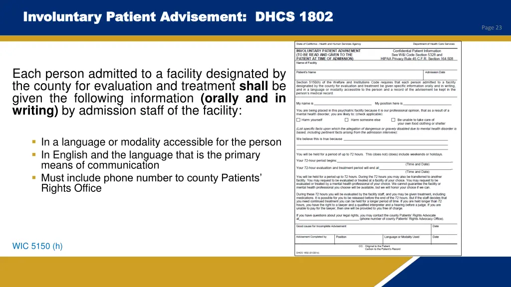 involuntary patient advisement dhcs 1802