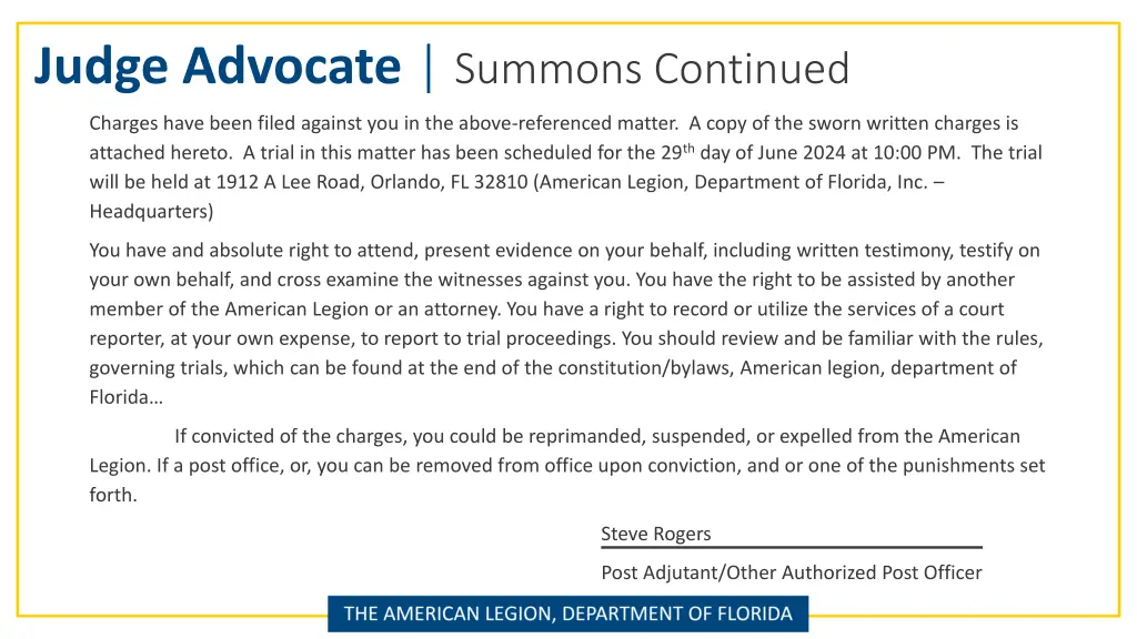 judge advocate summons continued