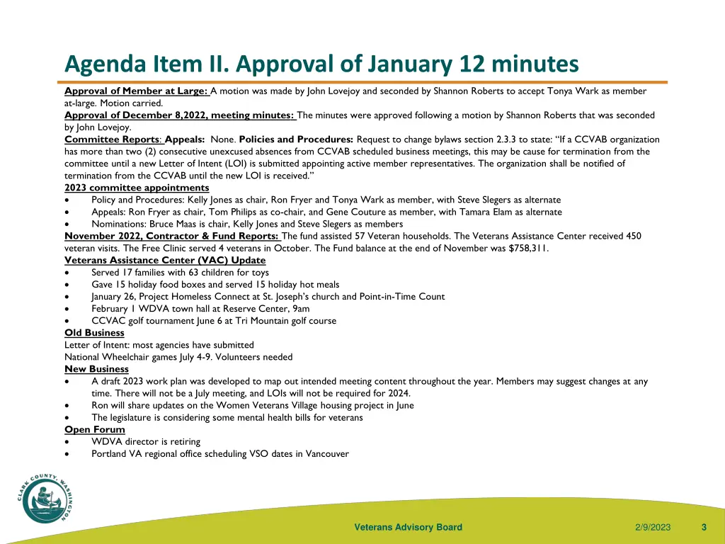 agenda item ii approval of january 12 minutes