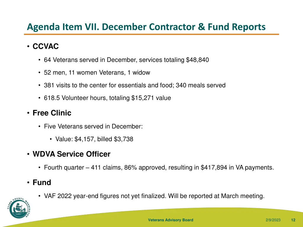 agenda item vii december contractor fund reports