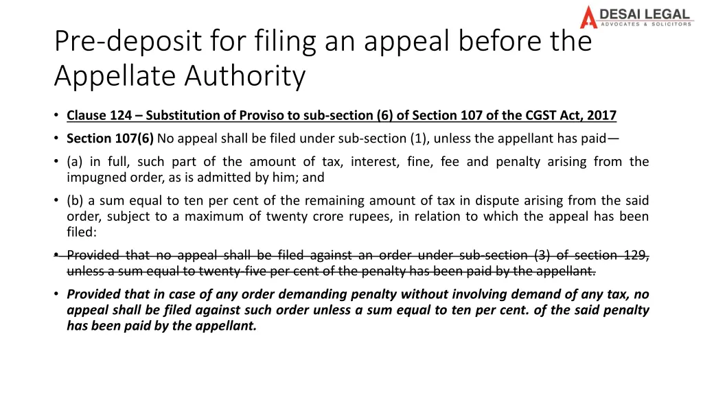 pre deposit for filing an appeal before