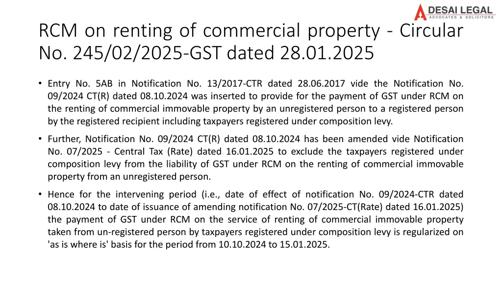 rcm on renting of commercial property circular