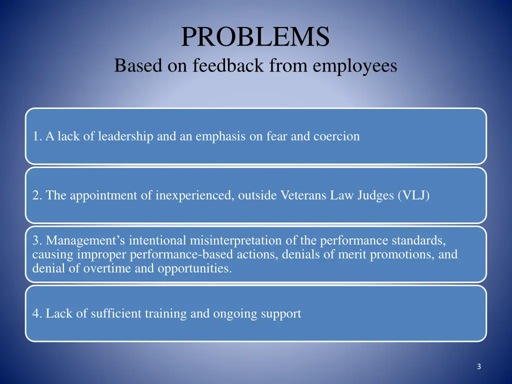 problems based on feedback from employees