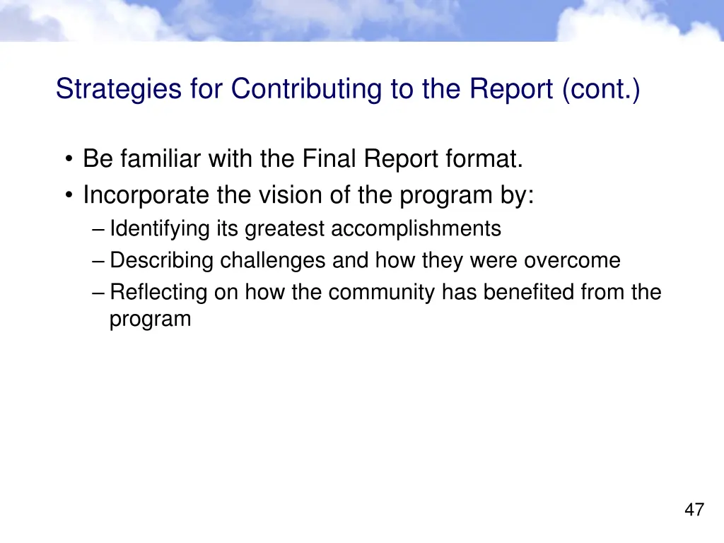strategies for contributing to the report cont
