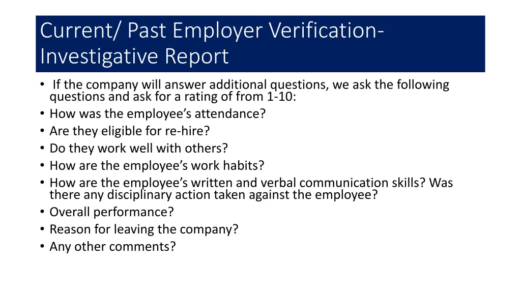 current past employer verification investigative