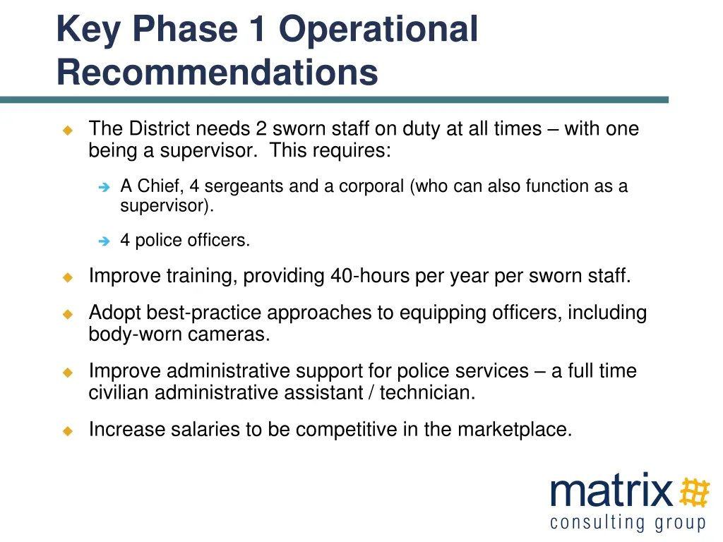 key phase 1 operational recommendations