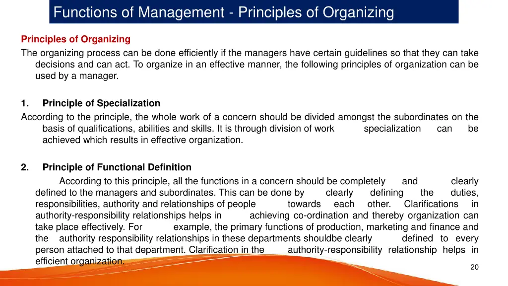 functions of management principles of organizing