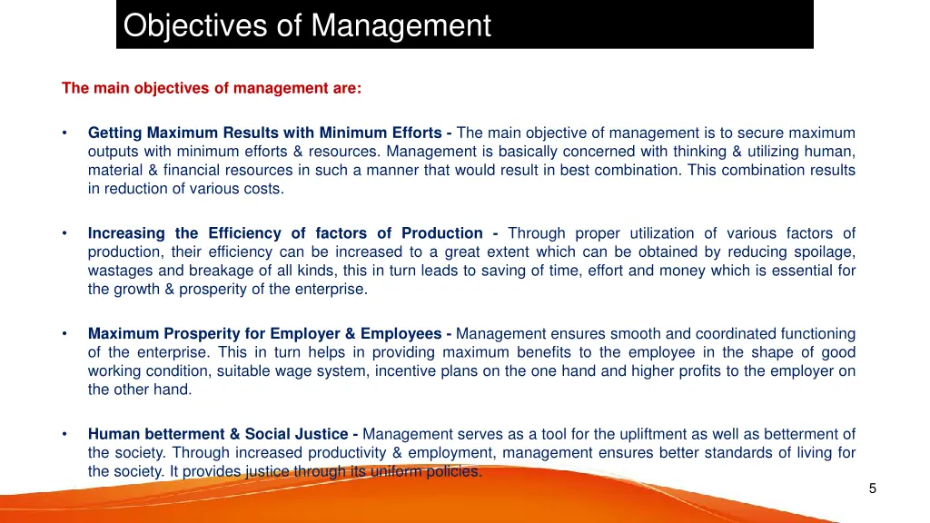 objectives of management