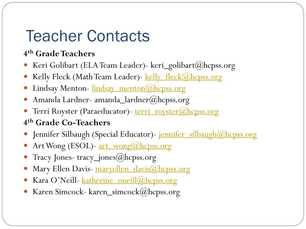 teacher contacts 4 th grade teachers keri