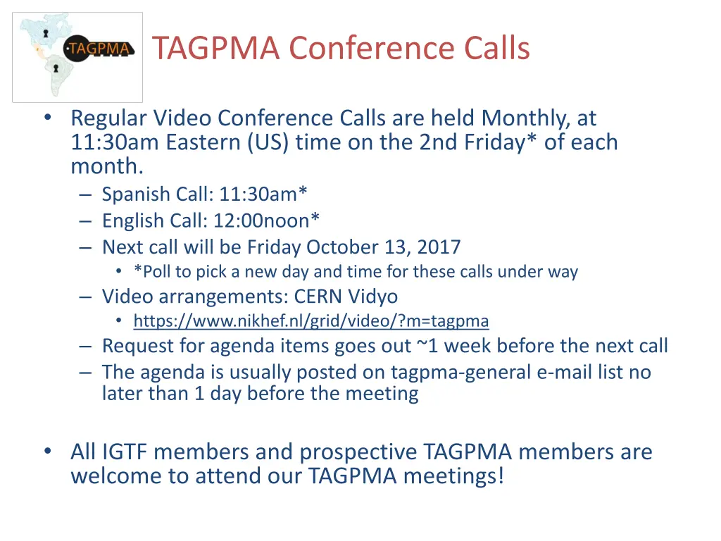 tagpma conference calls