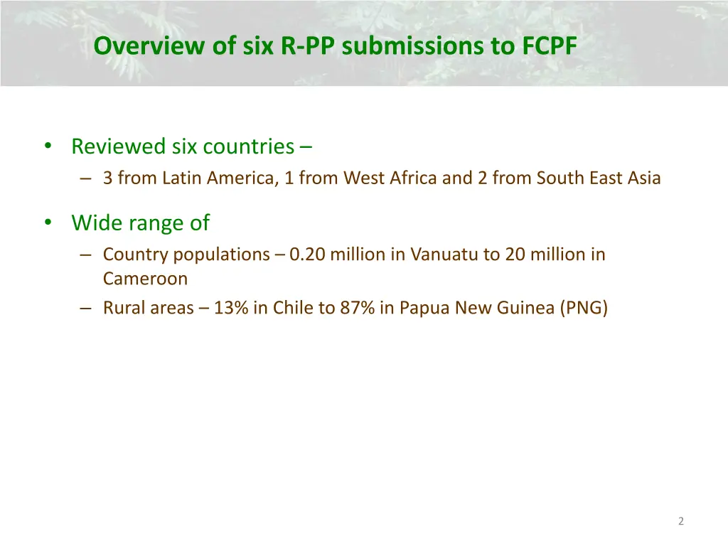 overview of six r pp submissions to fcpf