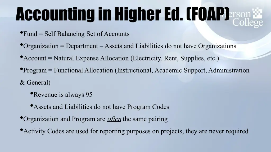 accounting in higher ed foap fund self balancing