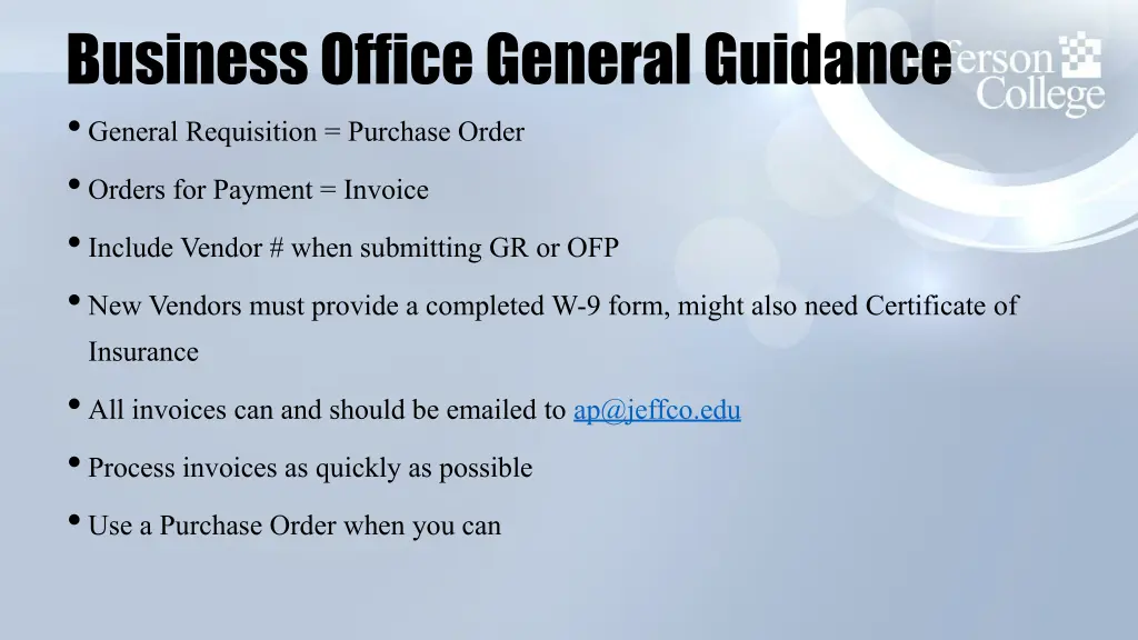 business office general guidance general