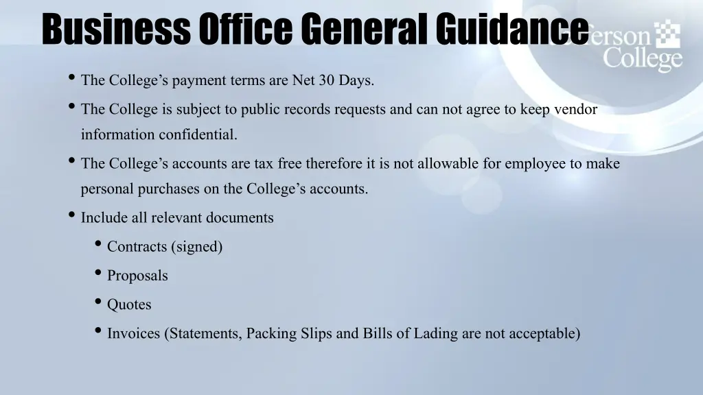 business office general guidance the college