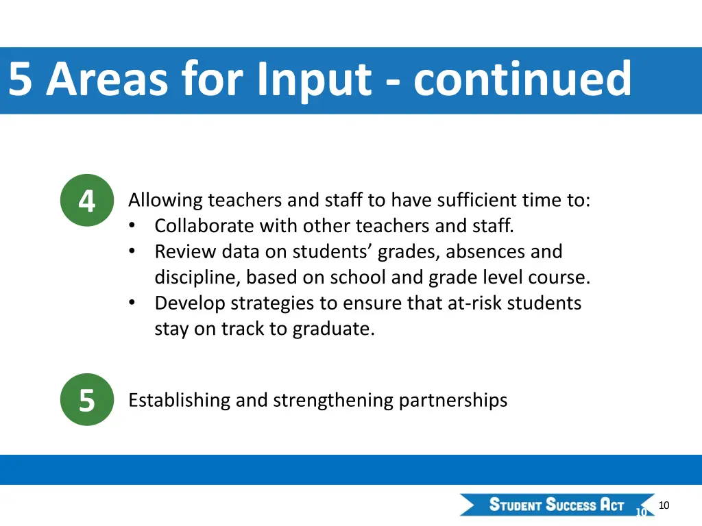 5 areas for input continued
