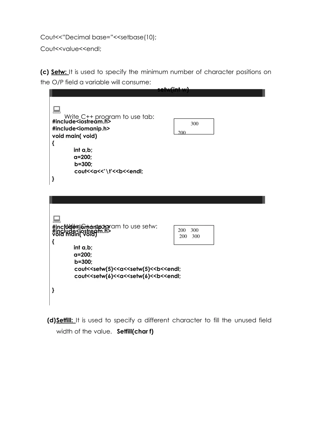 cout decimal base setbase 10