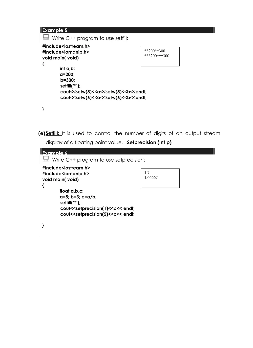 example 5 write c program to use setfill include
