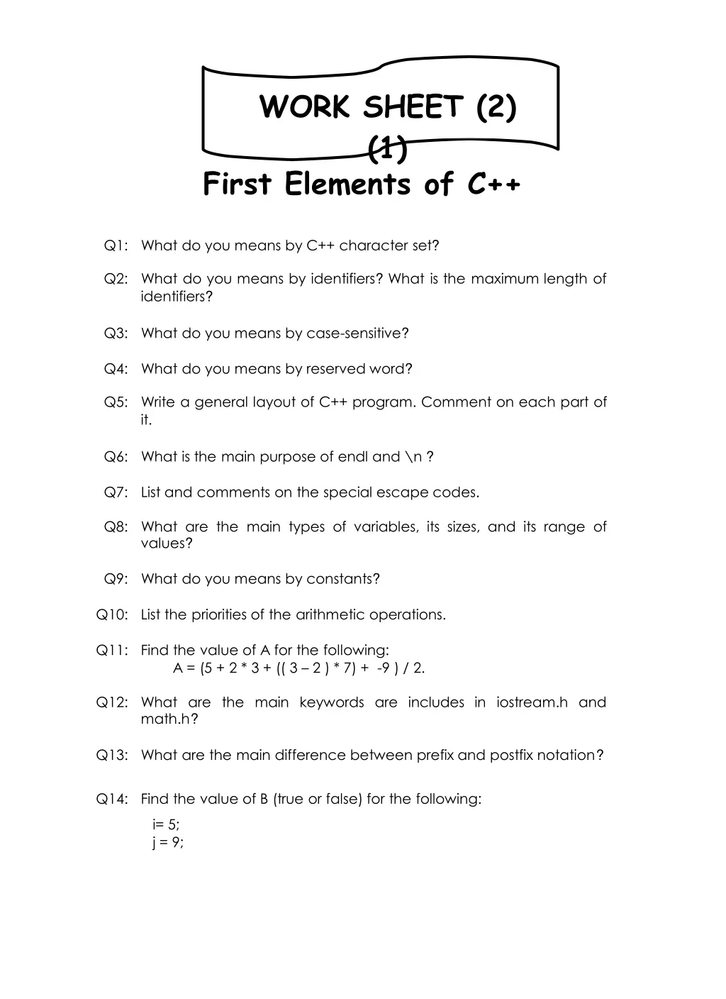 work sheet 2 1 first elements of c