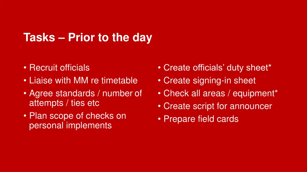tasks prior to the day 2