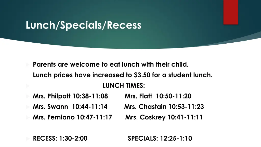 lunch specials recess