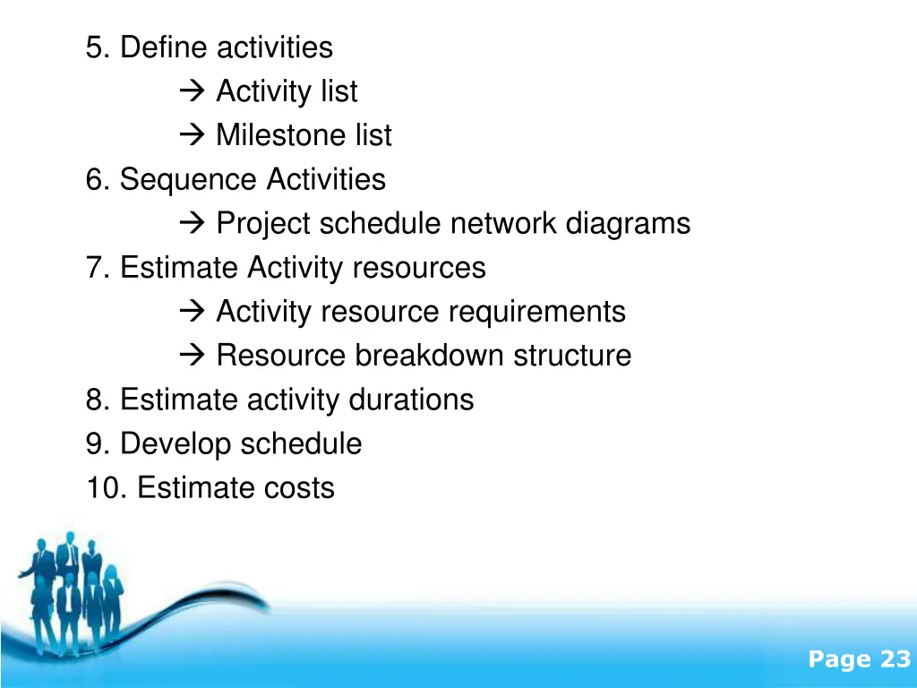 5 define activities activity list milestone list