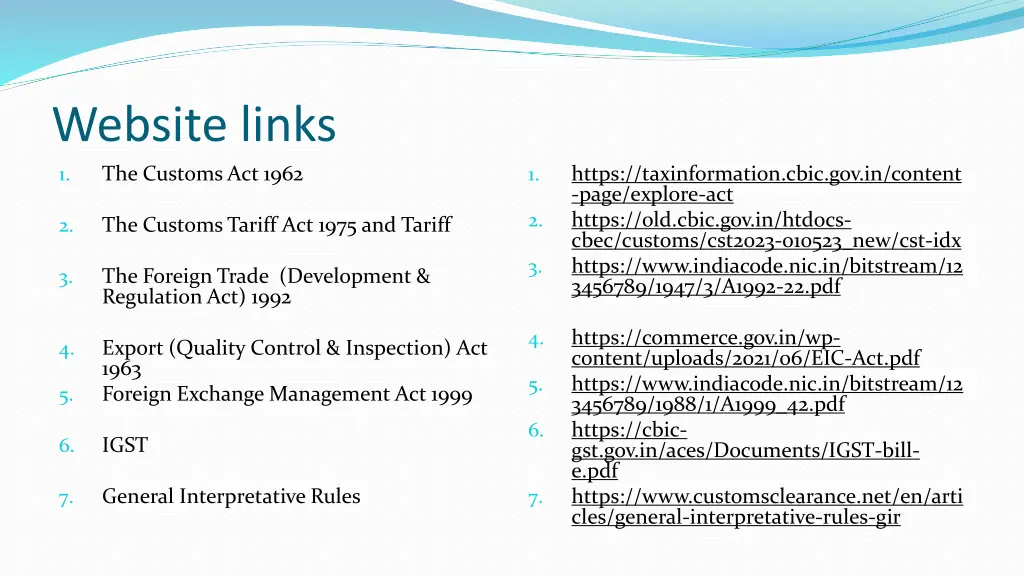 website links the customs act 1962