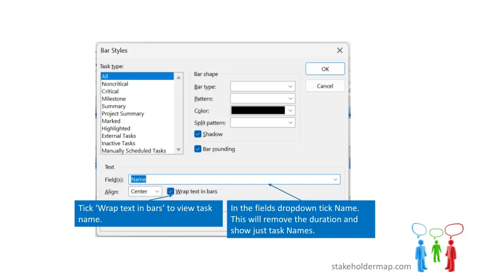 tick wrap text in bars to view task name