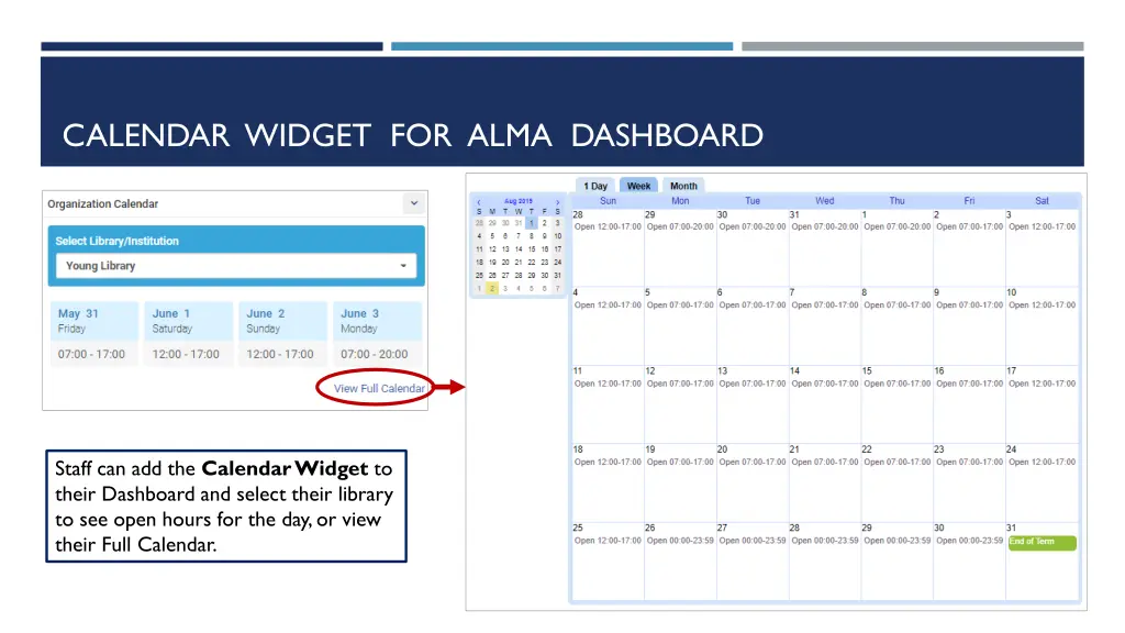 calendar widget for alma dashboard