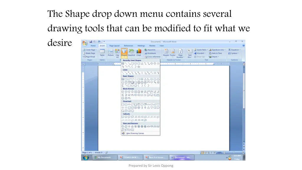 the shape drop down menu contains several drawing