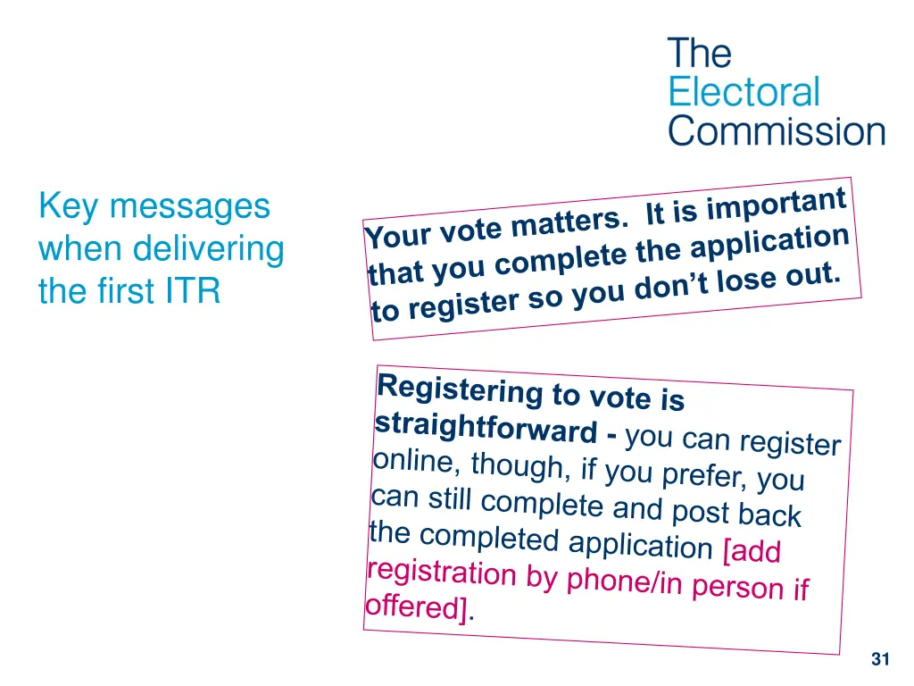key messages when delivering the first itr