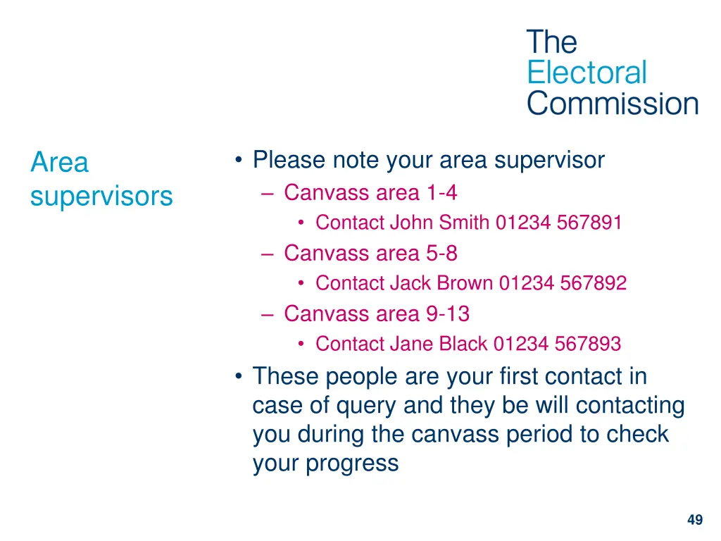 please note your area supervisor canvass area