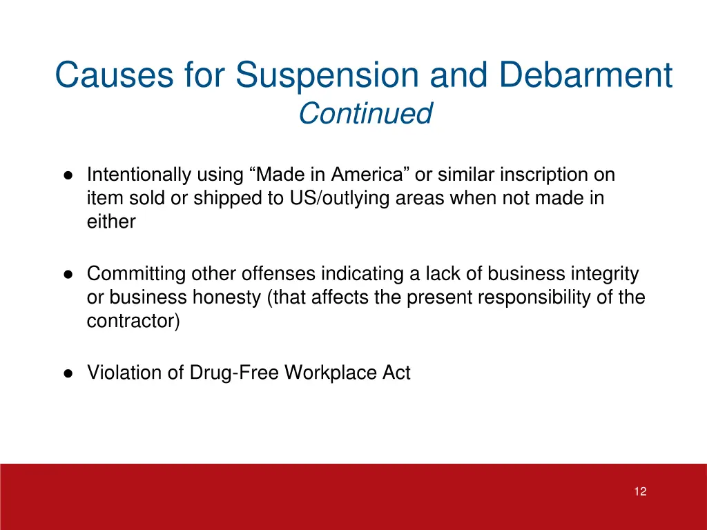 causes for suspension and debarment continued