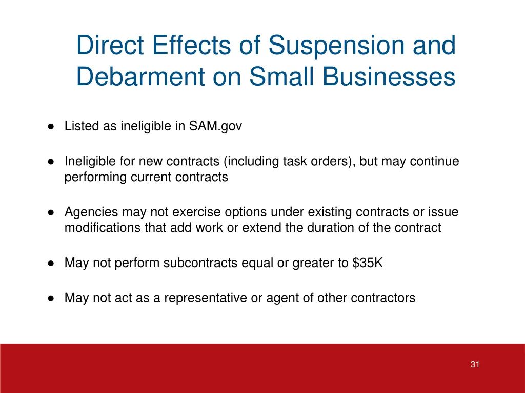 direct effects of suspension and debarment