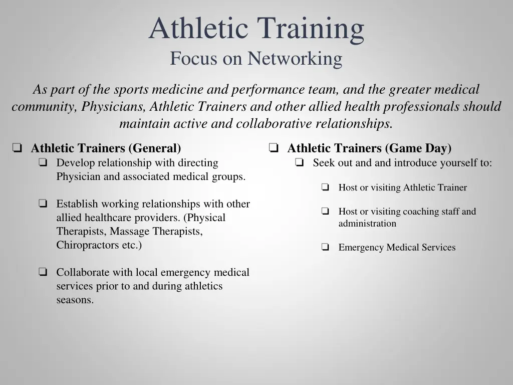 athletic training focus on networking