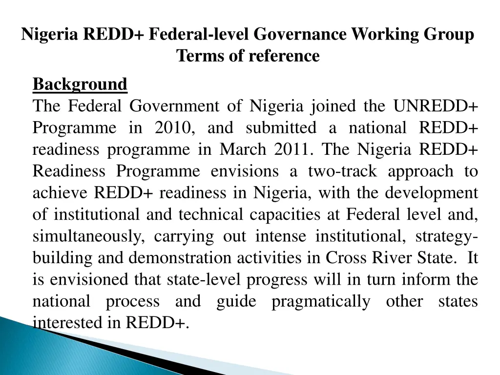 nigeria redd federal level governance working