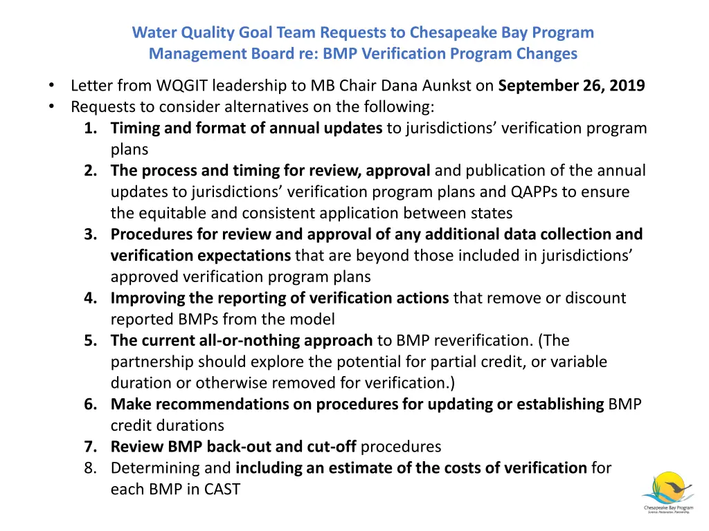 water quality goal team requests to chesapeake