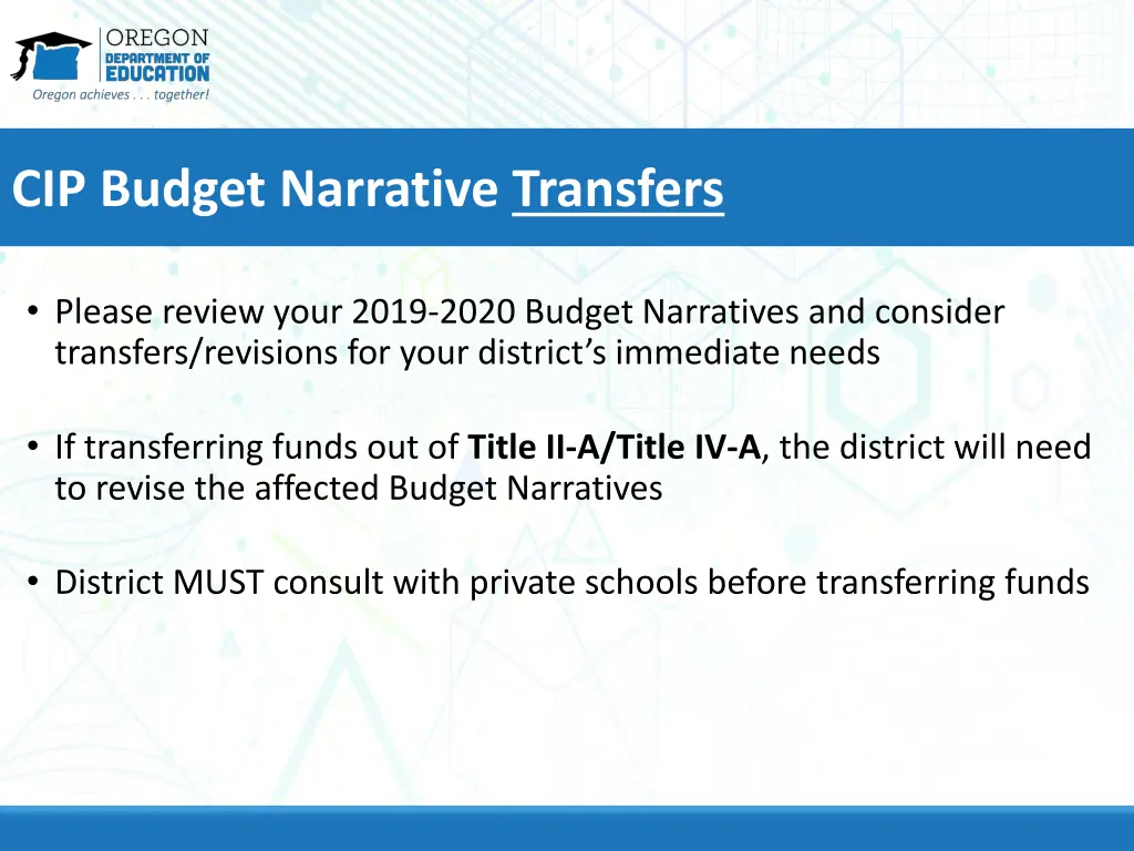 cip budget narrative transfers