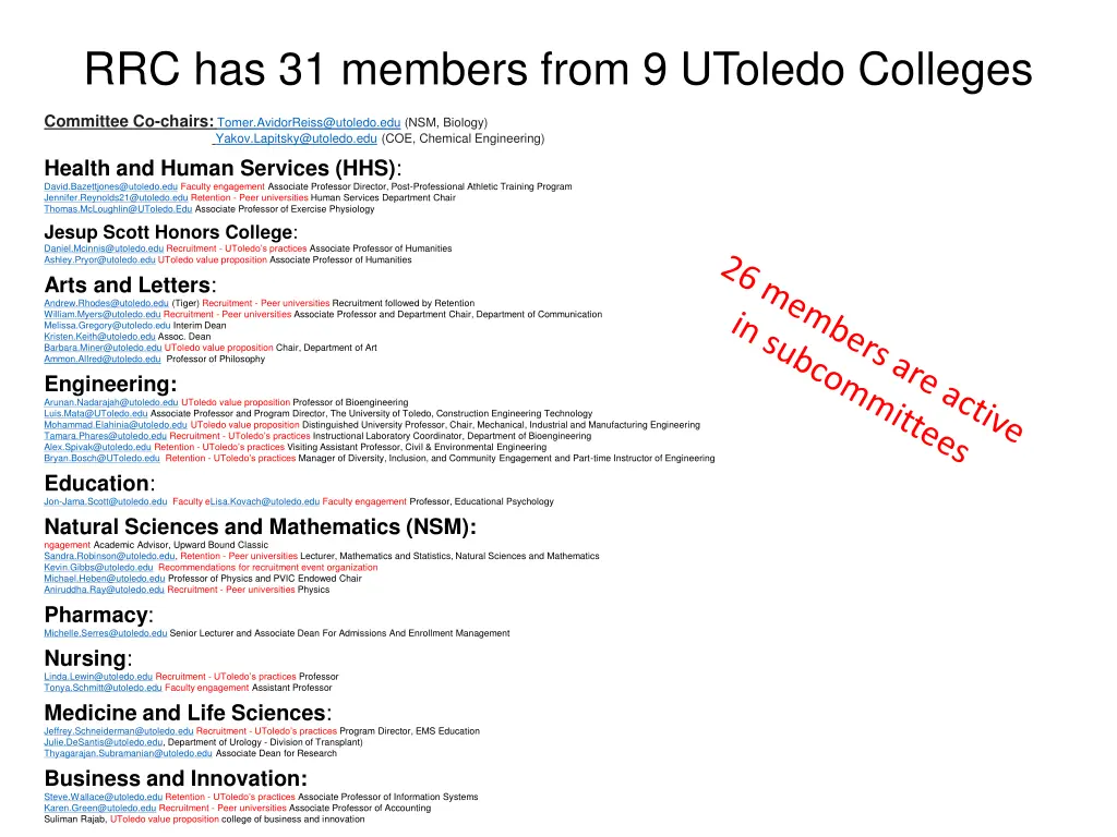 rrc has 31 members from 9 utoledo colleges