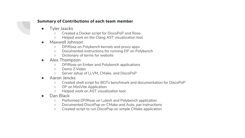 summary of contributions of each team member
