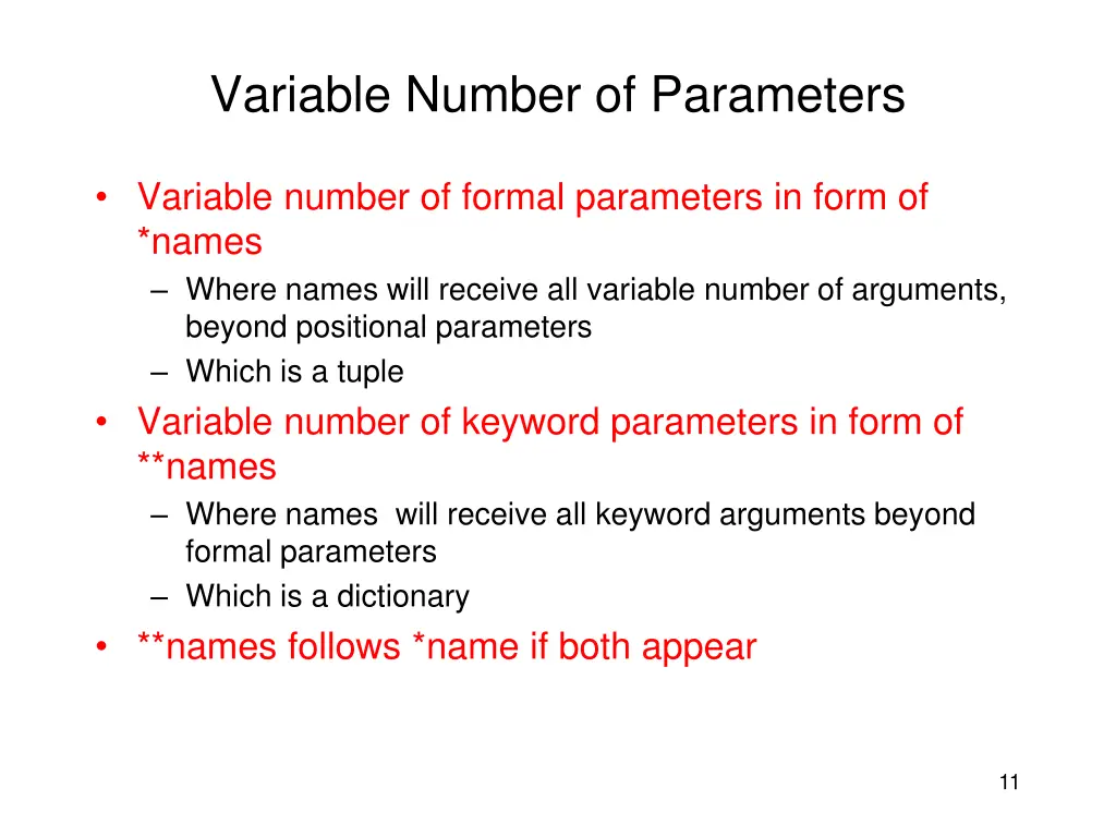 variable number of parameters