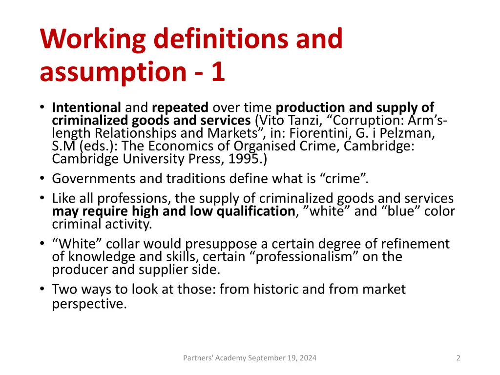 working definitions and assumption 1