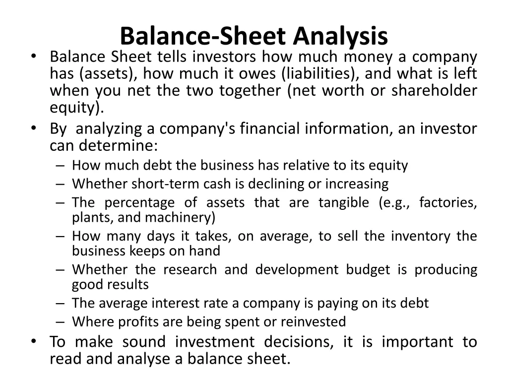 balance sheet analysis balance sheet tells