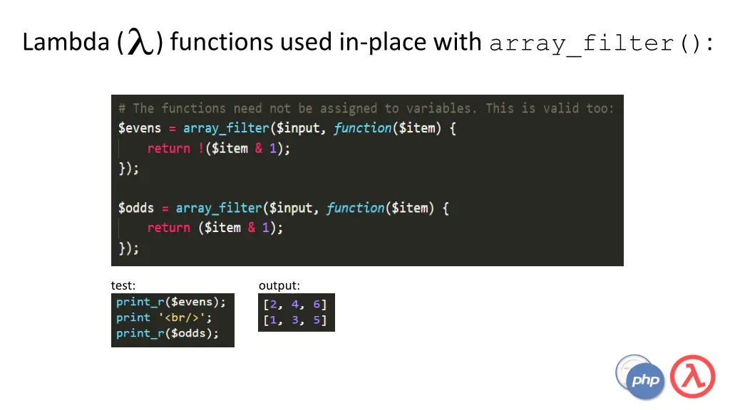 lambda functions used in place with array filter