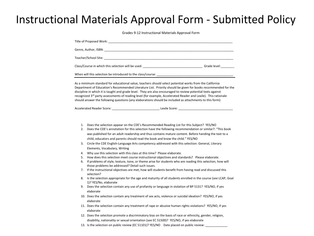 instructional materials approval form submitted