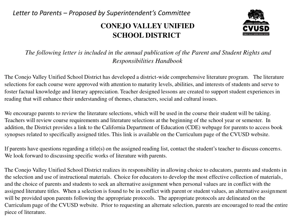 letter to parents proposed by superintendent