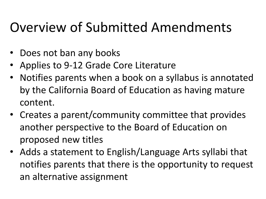 overview of submitted amendments