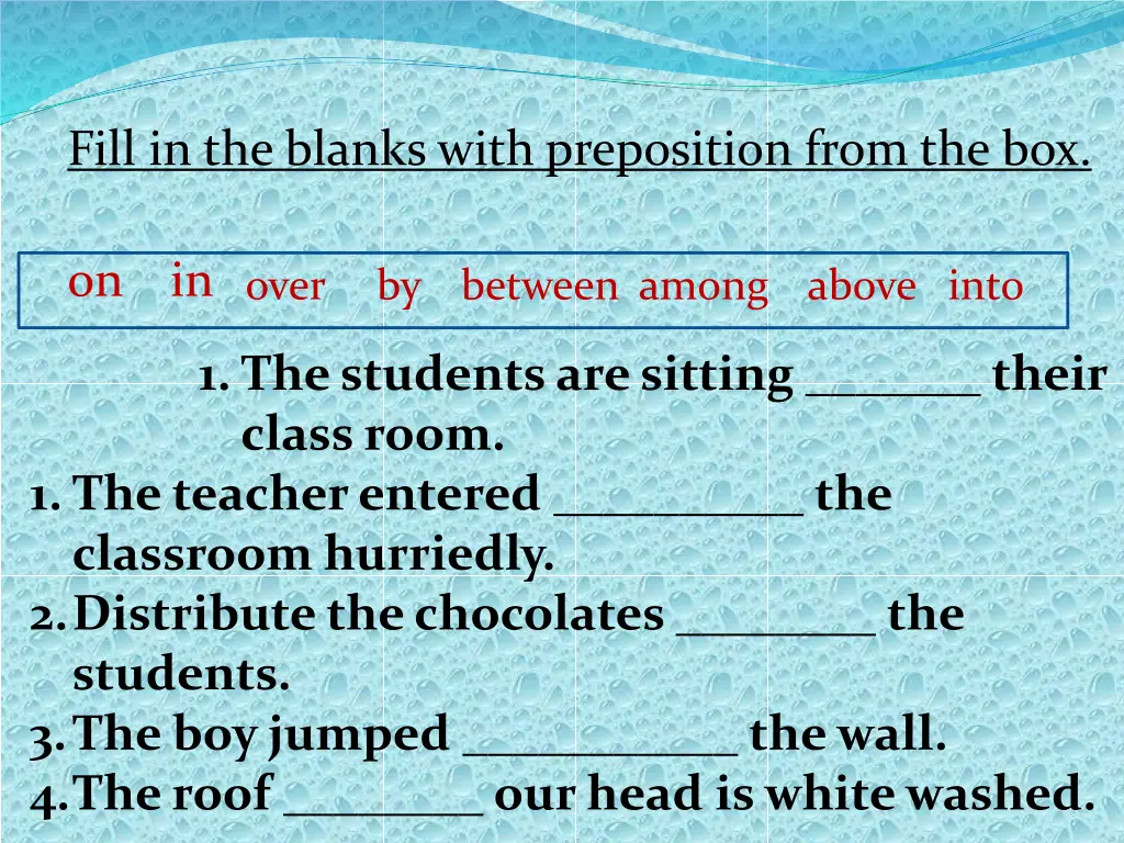 fill in the blanks with preposition from the box