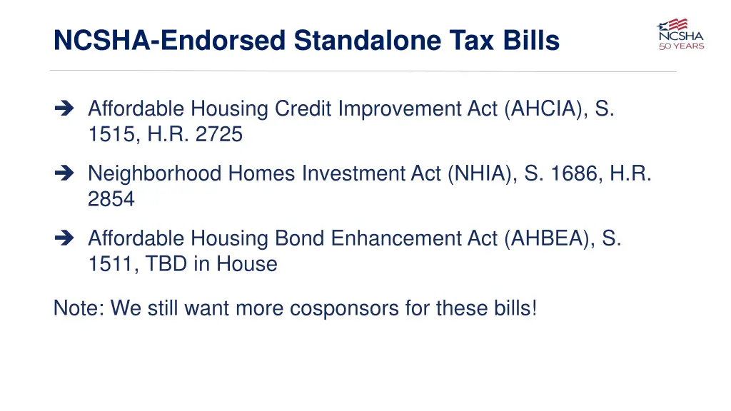 ncsha endorsed standalone tax bills