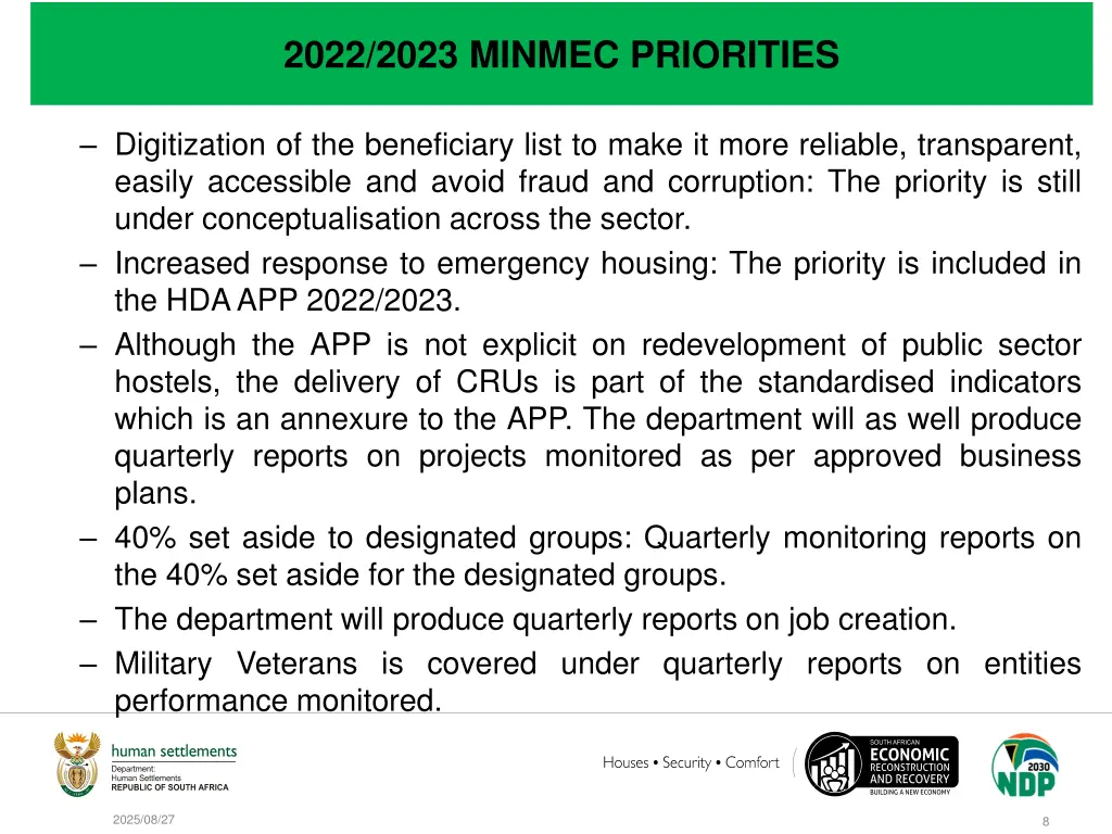 2022 2023 minmec priorities